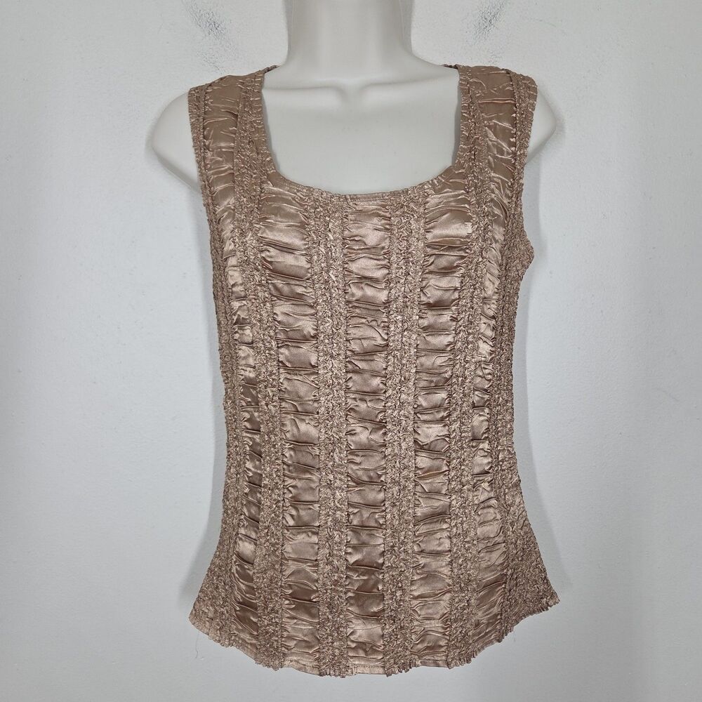Vtg 90s Y2K Tan Bronze Shiny Satin Ruched Crinkle Tank Top S Fairy Grunge Boho